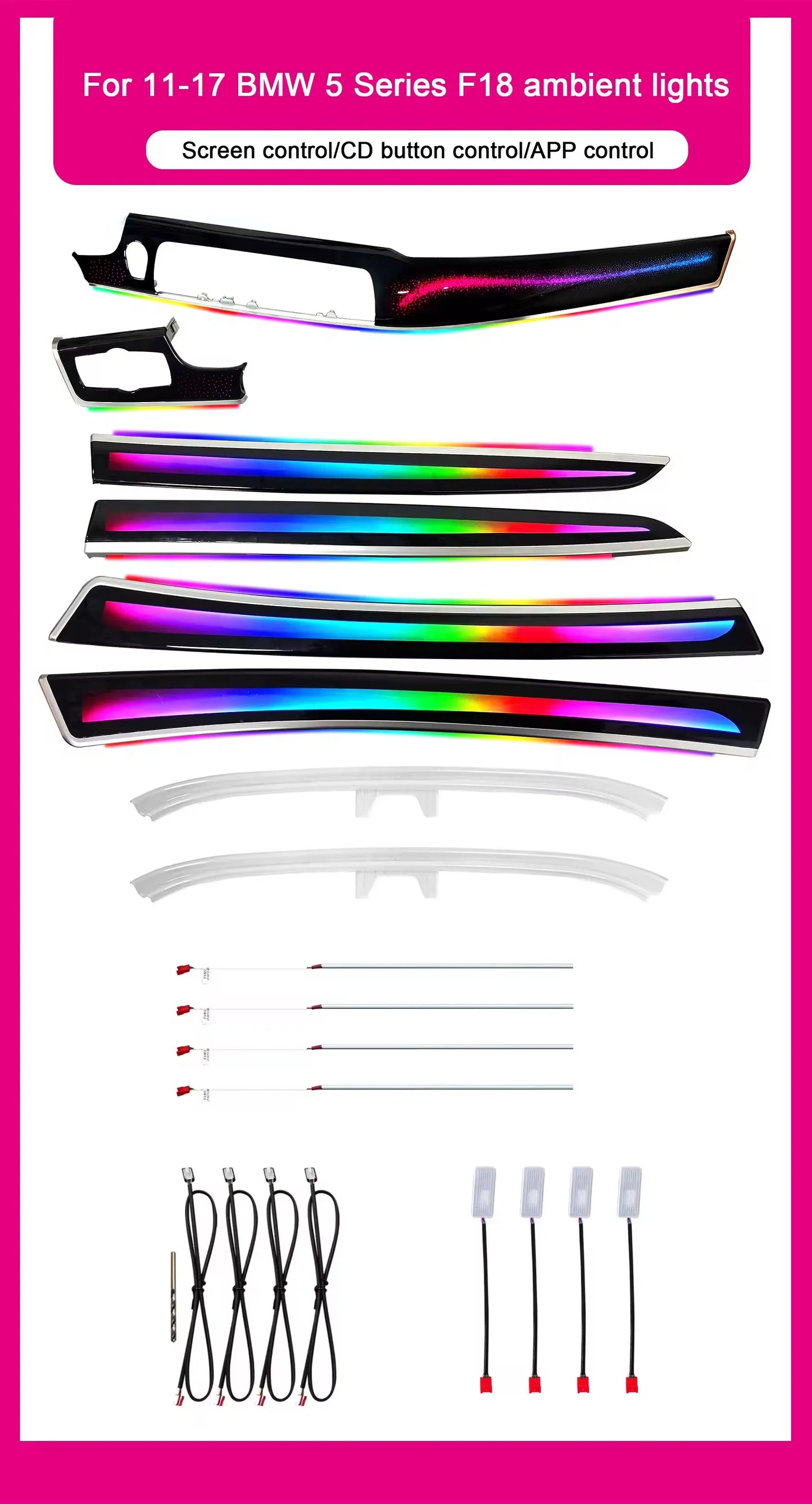 BMW 5 Series F10 / F11 / F18 Interior 64-Color Symphony Rainbow LED Ambient Light Bar Kit 2010 - 2017