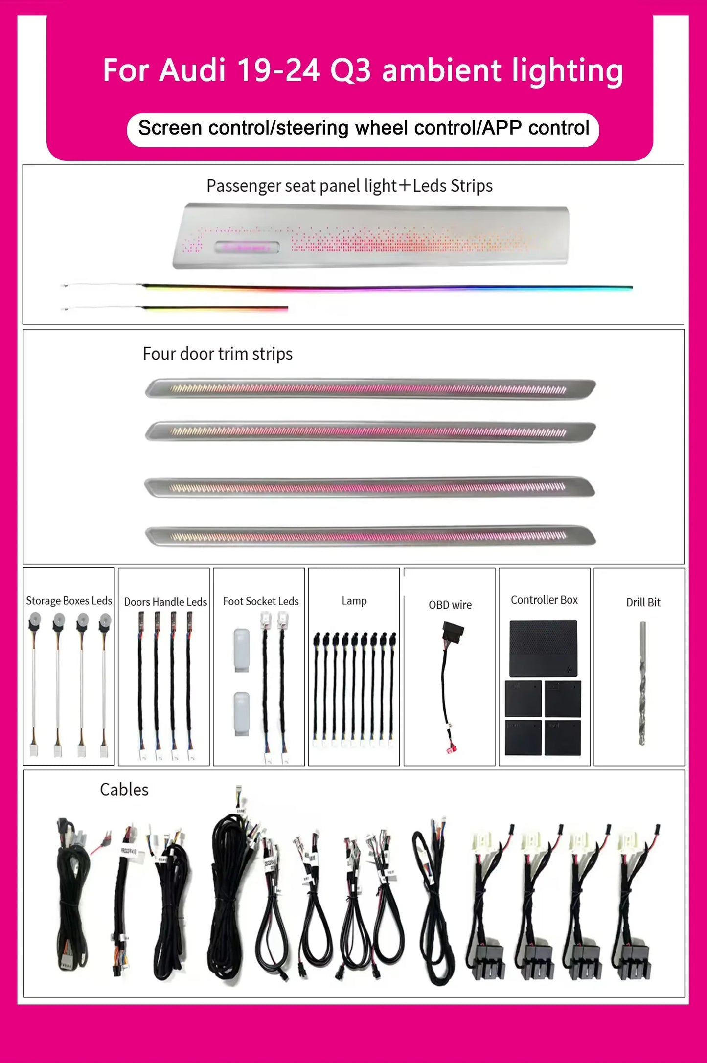 Audi Q3 Interior 64-Color Dynamic LED Ambient Light Kit 2019 - 2024