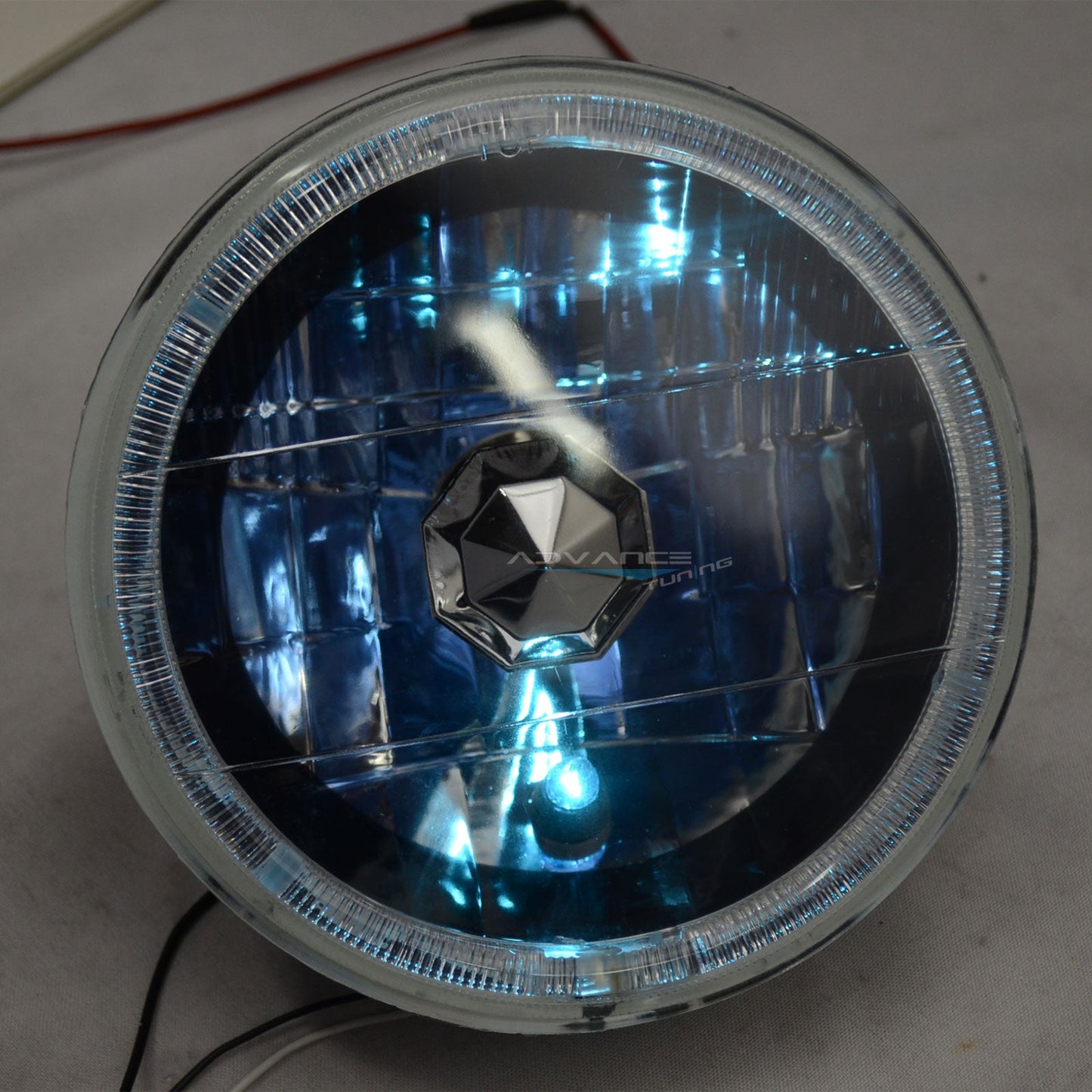 7in Round H4 Headlight w/ Halo Halogen Bulb Clear Lens Blue City Light