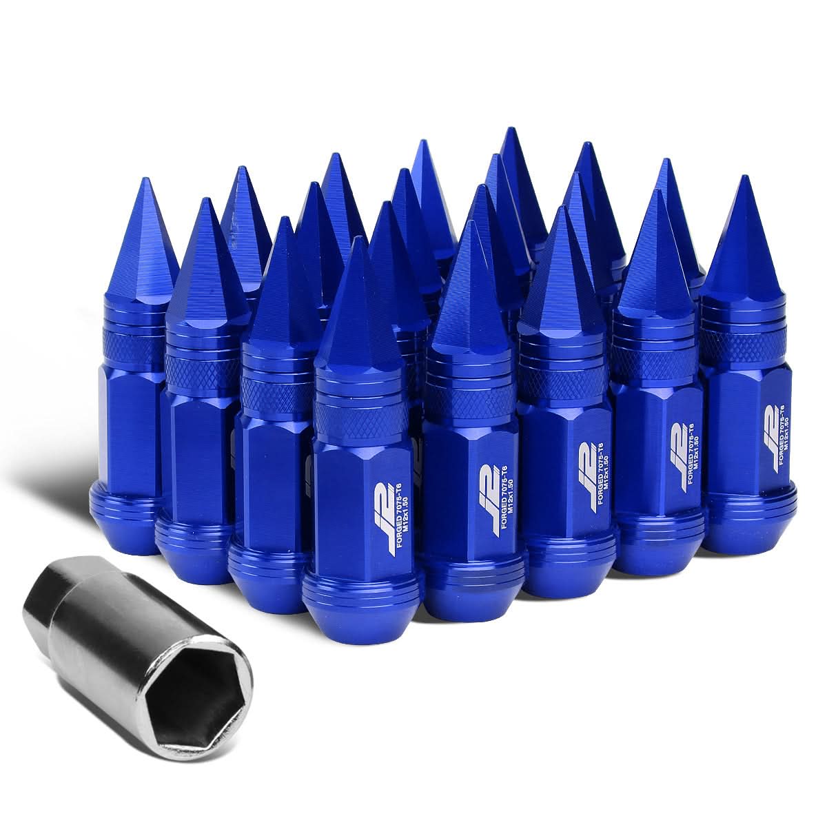 Spiked Aluminum Lug Nuts 80mm M12x1.5 20pc Set with Adapter Blue