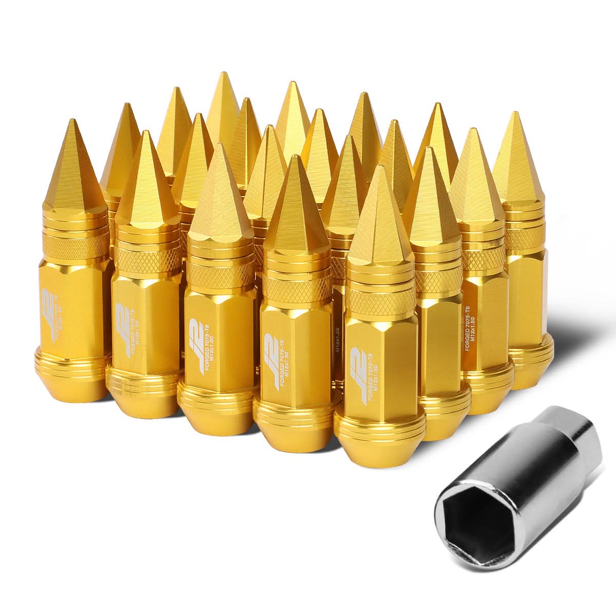 Spiked Cap Lug Nuts - 80MM - M12X1.5 - 20PCS w/ Adapter - Gold Aluminum