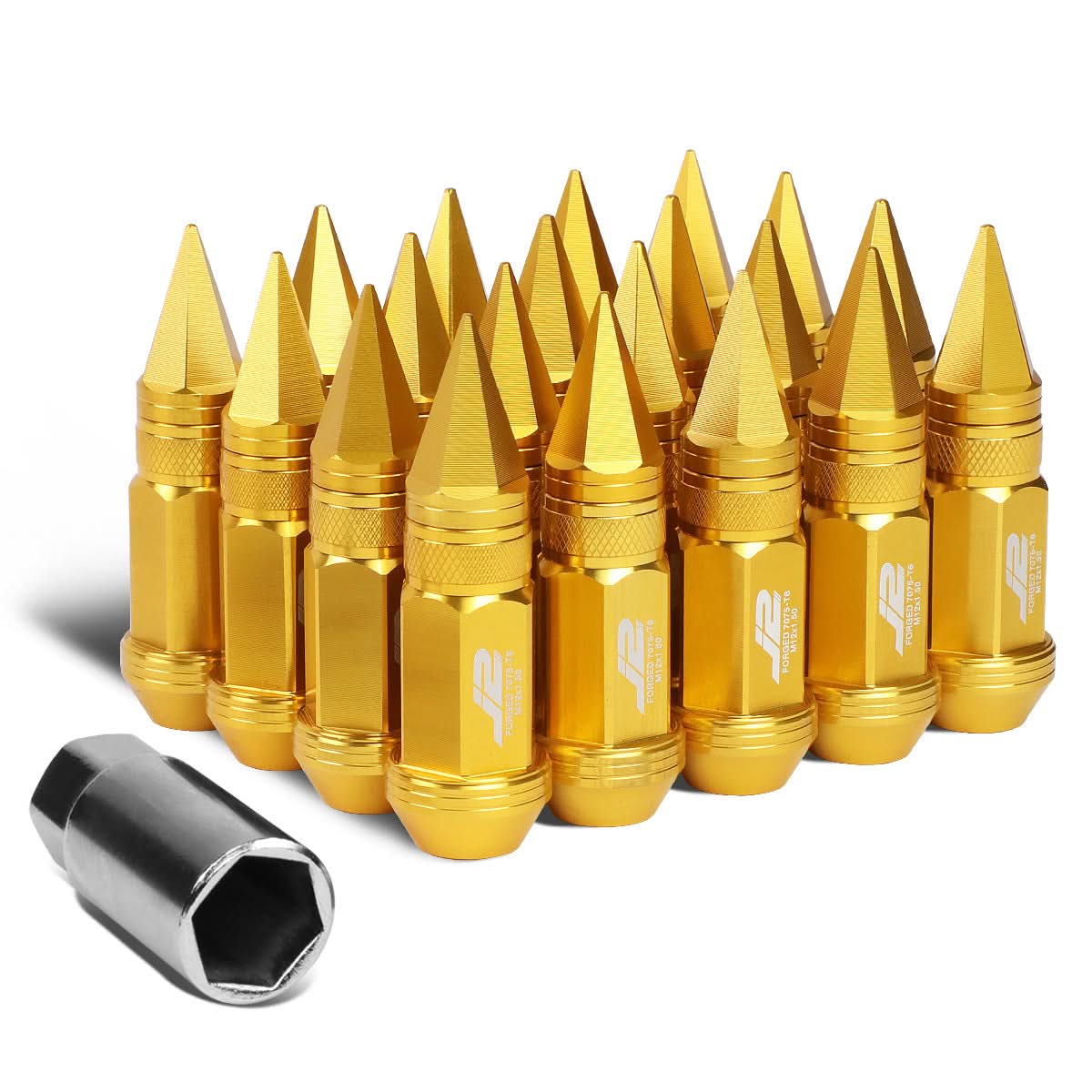 Spiked Cap Lug Nuts - 80MM - M12X1.5 - 20PCS w/ Adapter - Gold Aluminum
