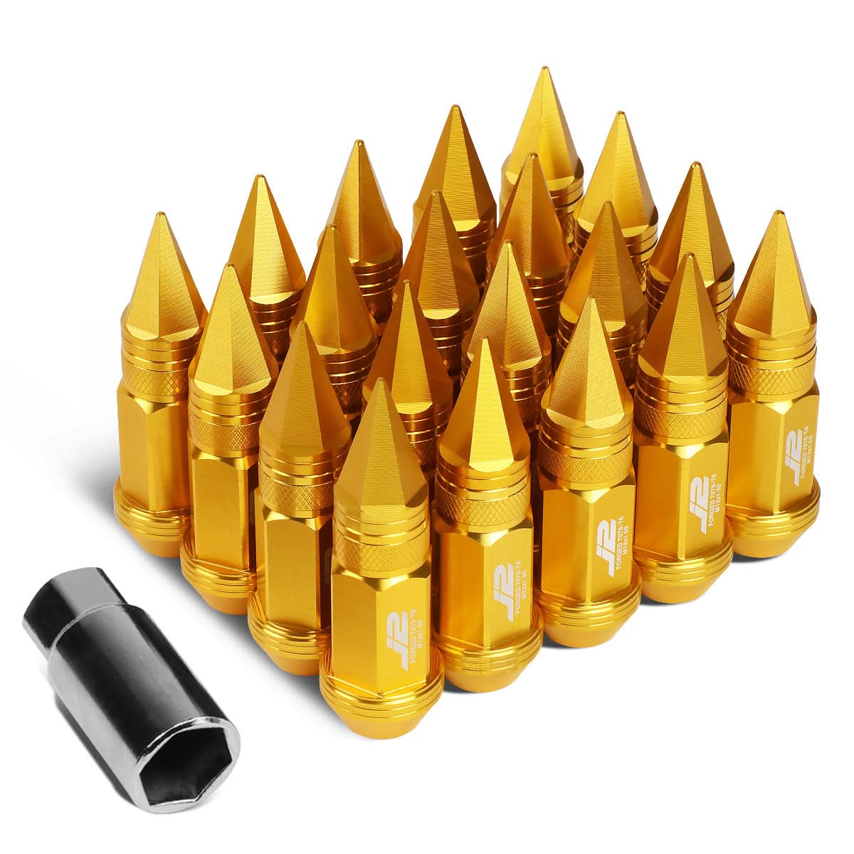Spiked Cap Lug Nuts - 80MM - M12X1.5 - 20PCS w/ Adapter - Gold Aluminum
