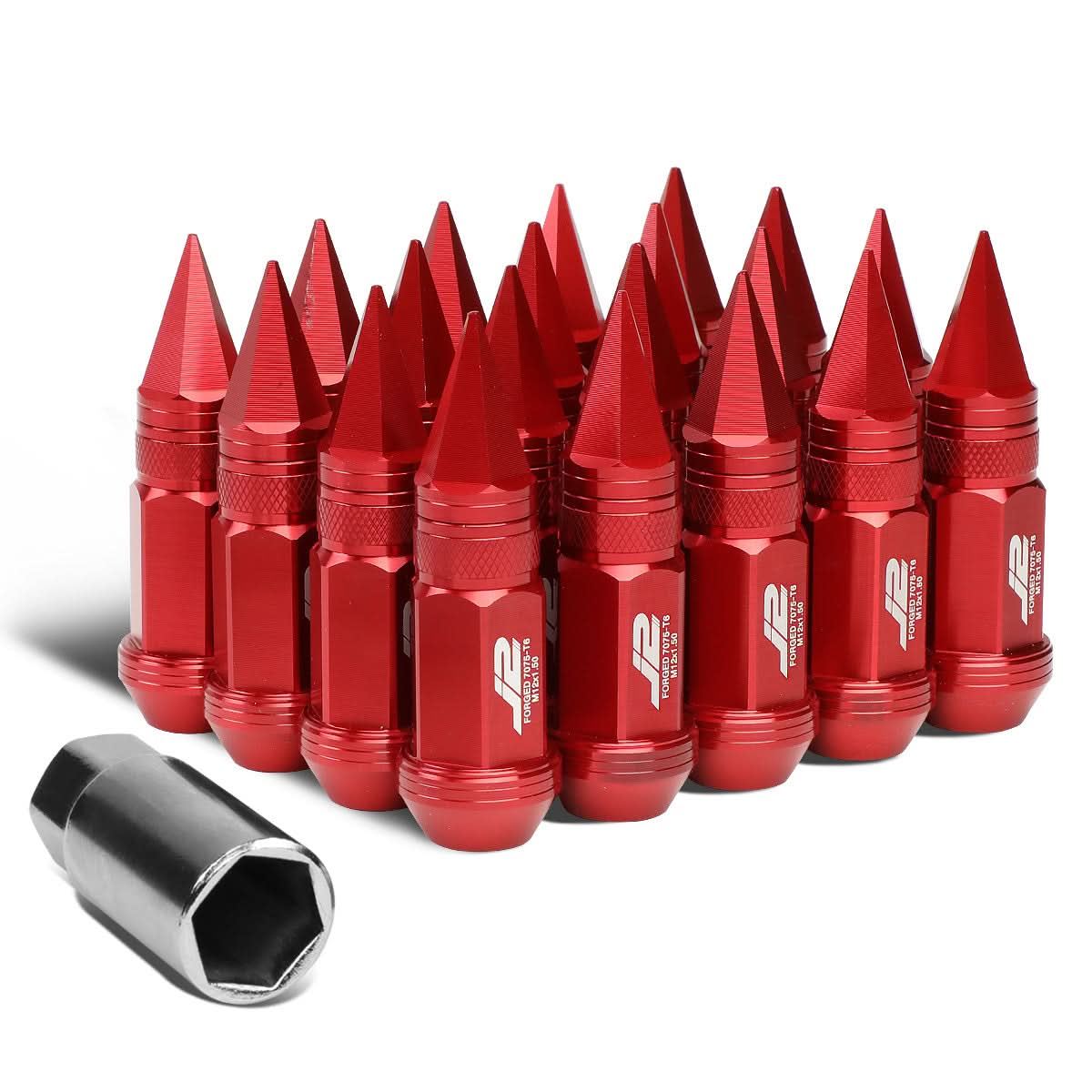 Spiked Cap Lug Nuts 20pc Set M12x1.5 80mm Aluminum Red