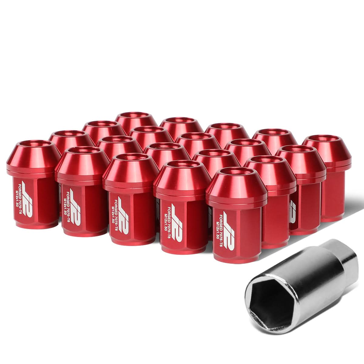 Aluminum Close-End Lug Nuts M12X1.5 35mm Red 20pc Set w/ Adapter
