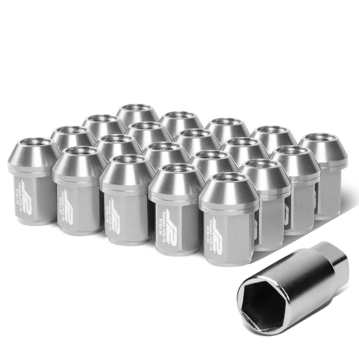 Aluminum Close-End Lug Nuts 35MM M12X1.5 20PCS w/ Adapter Silver