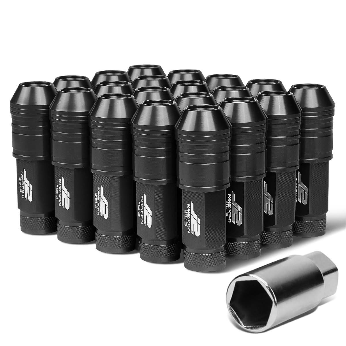 Aluminum Lug Nuts M12x1.25 Open End 70mm 20pc Set with Key Black
