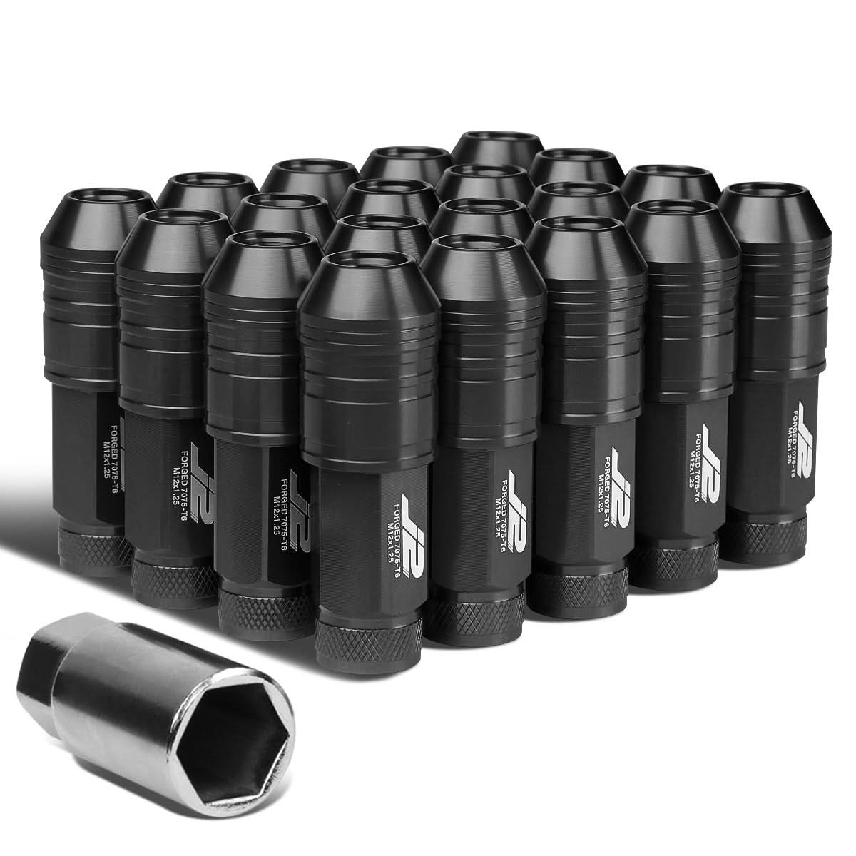 Aluminum Lug Nuts M12x1.25 Open End 70mm 20pc Set with Key Black