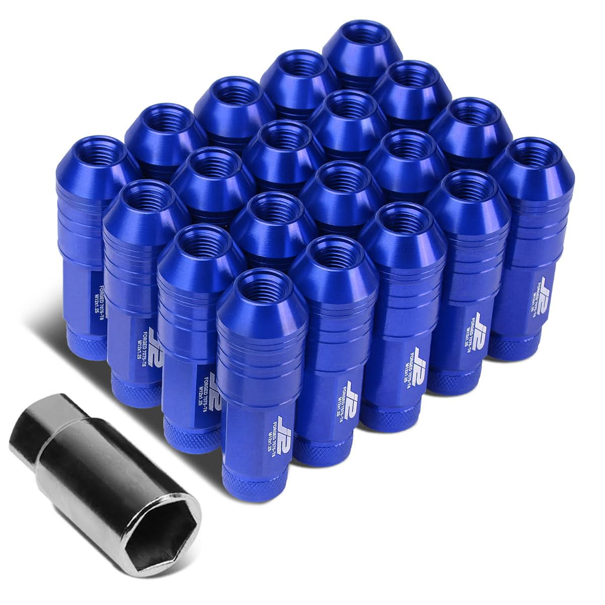 Aluminum Lug Nuts Open End 70mm M12x1.25 20pc Set with Key Blue