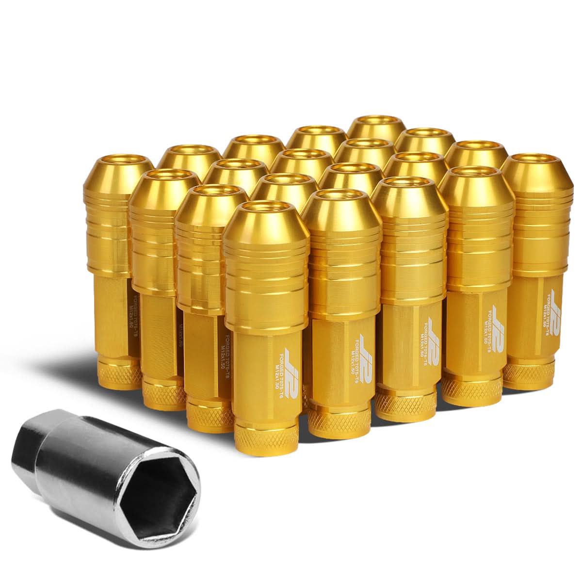 Universal Aluminum Open-End Lug Nuts 70MM M12x1.5 20PCS w/ Adapter Gold