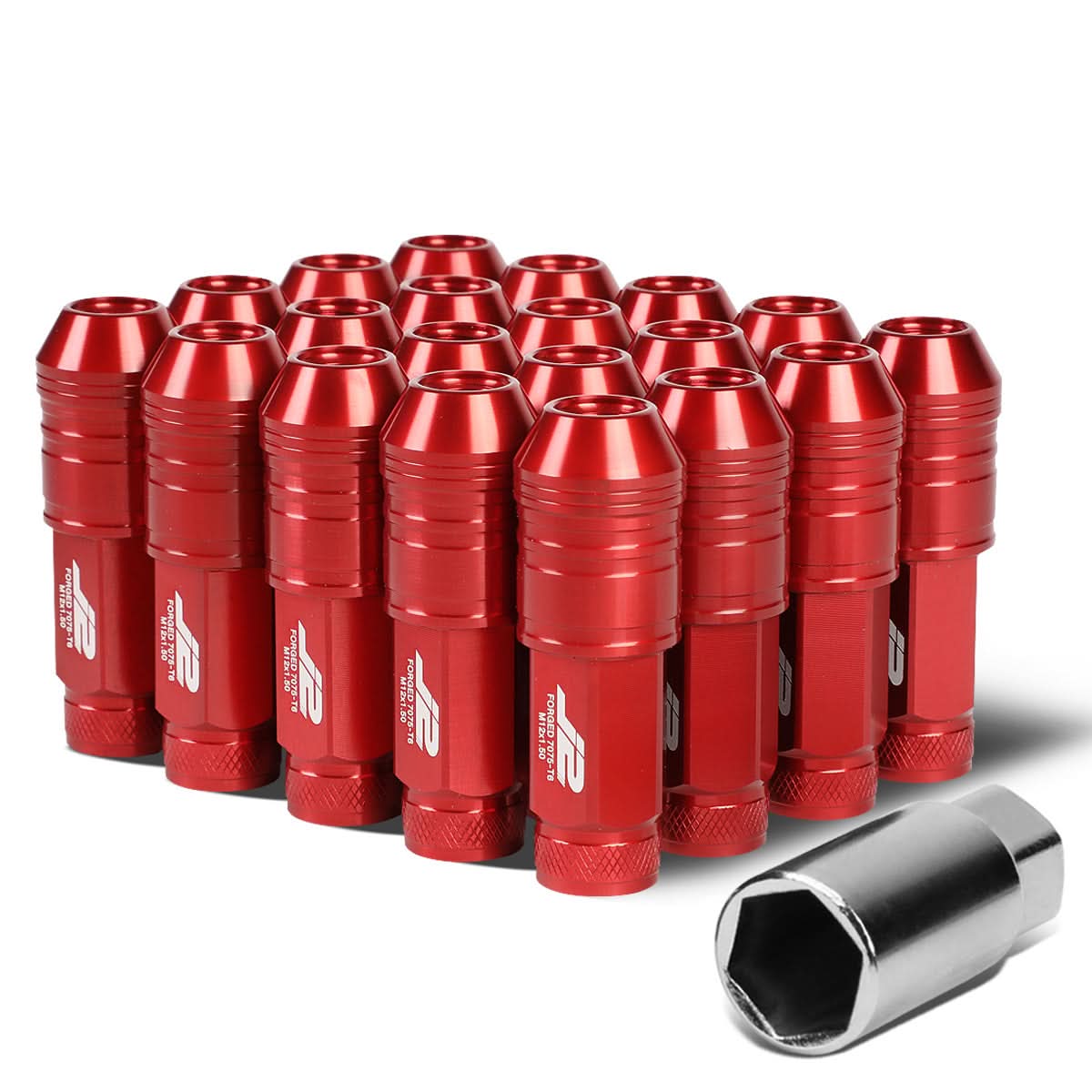 Aluminum Open-End Lug Nuts 70MM M12x1.5 Red 20PCS w/ Adapter