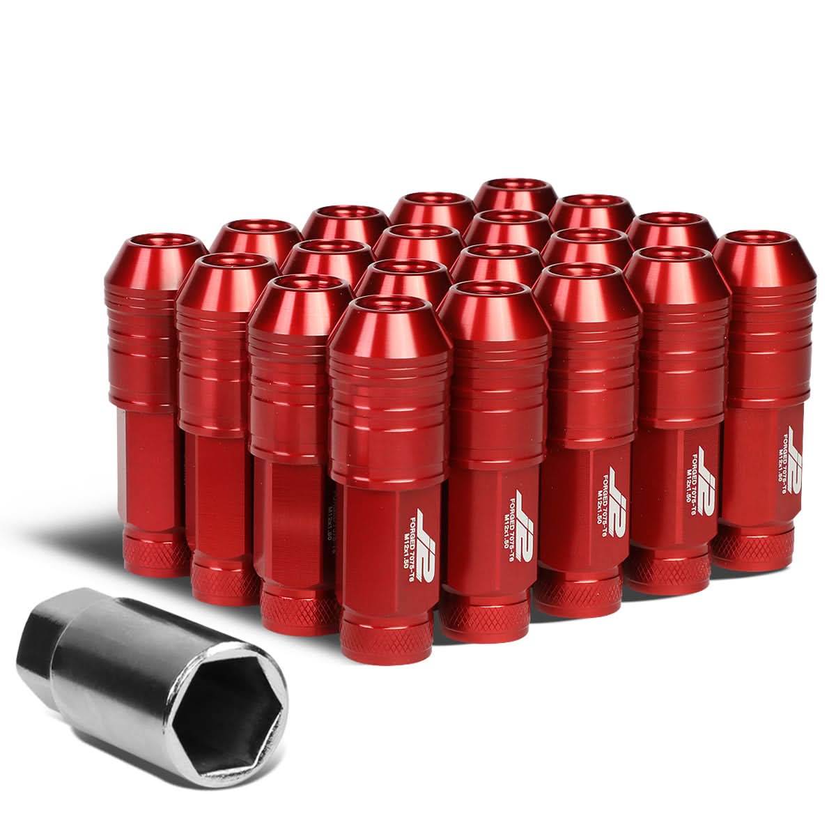 Aluminum Open-End Lug Nuts 70MM M12x1.5 Red 20PCS w/ Adapter
