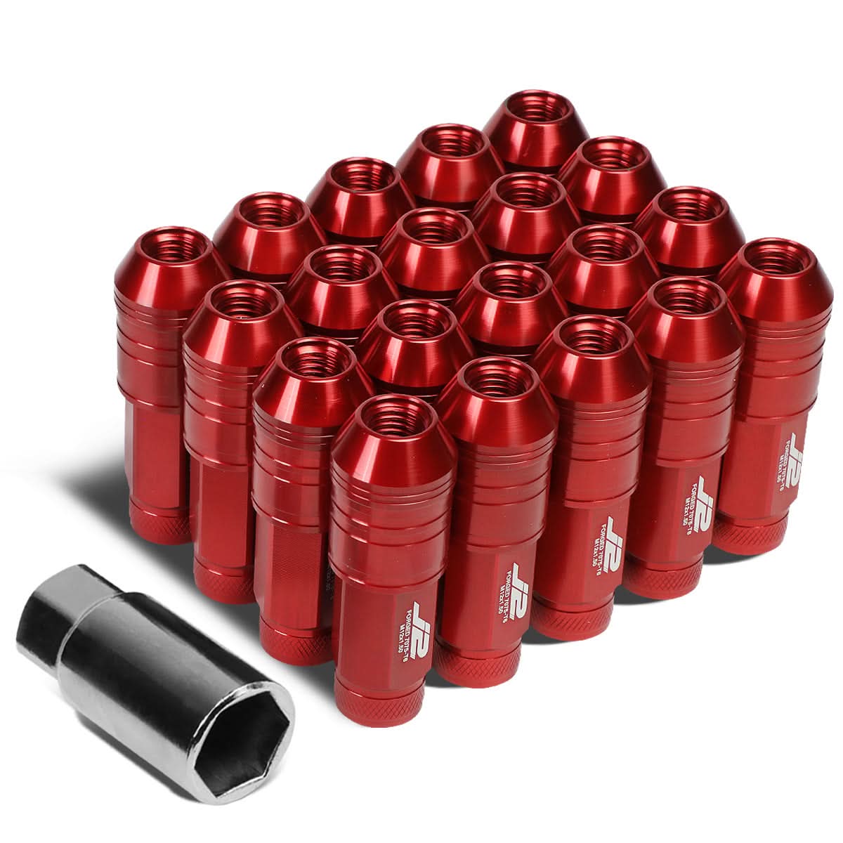 Aluminum Open-End Lug Nuts 70MM M12x1.5 Red 20PCS w/ Adapter