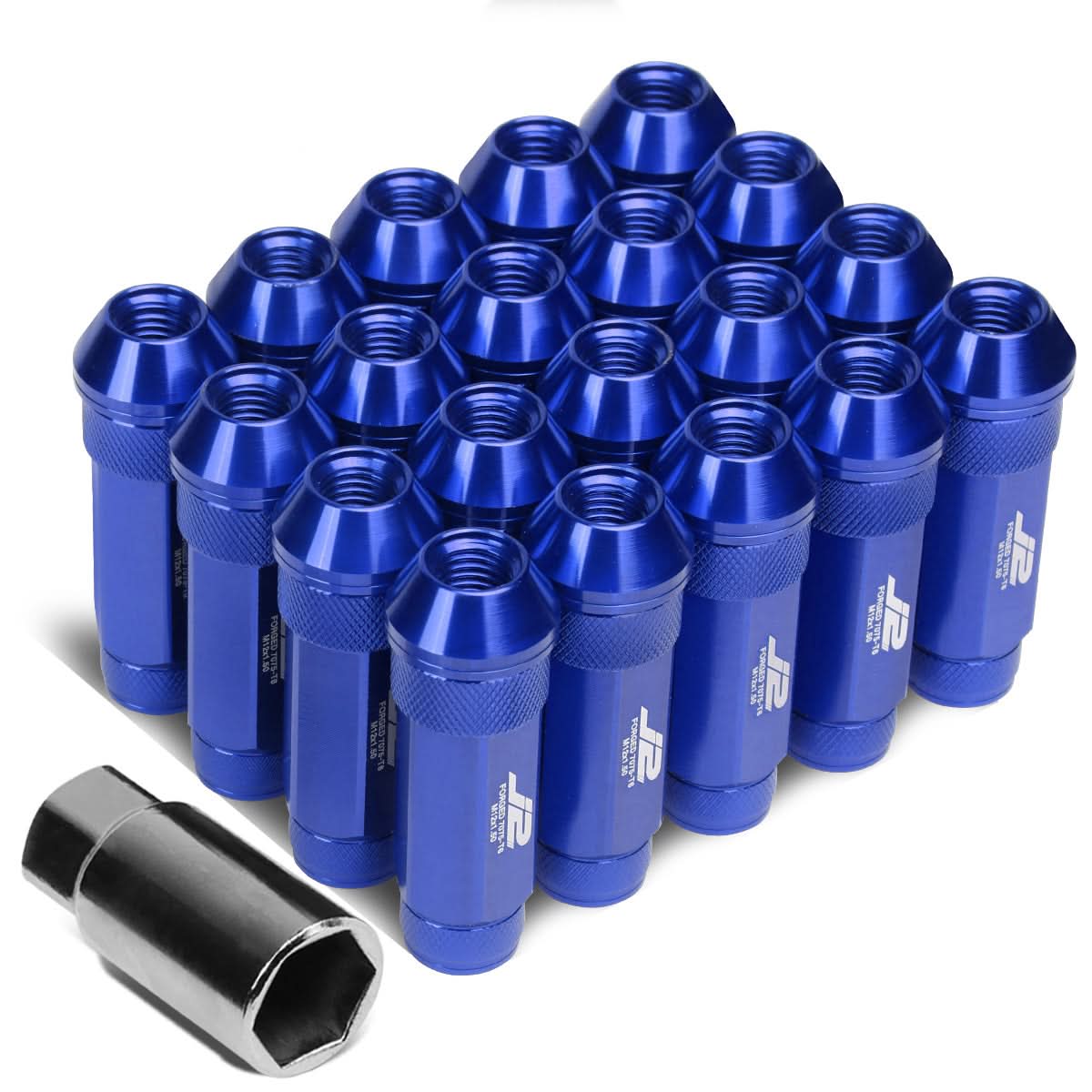 M12x1.5 70mm Open-End Aluminum Lug Nuts 20pc Set w/ Key Blue