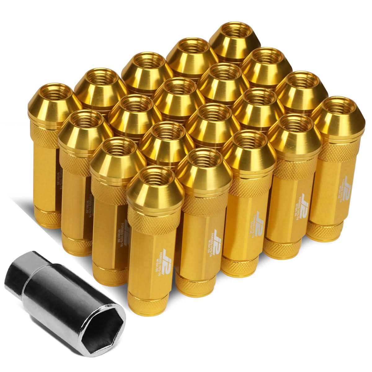Open-End Aluminum Lug Nuts 70mm M12x1.5 Gold 20pc Set with Key