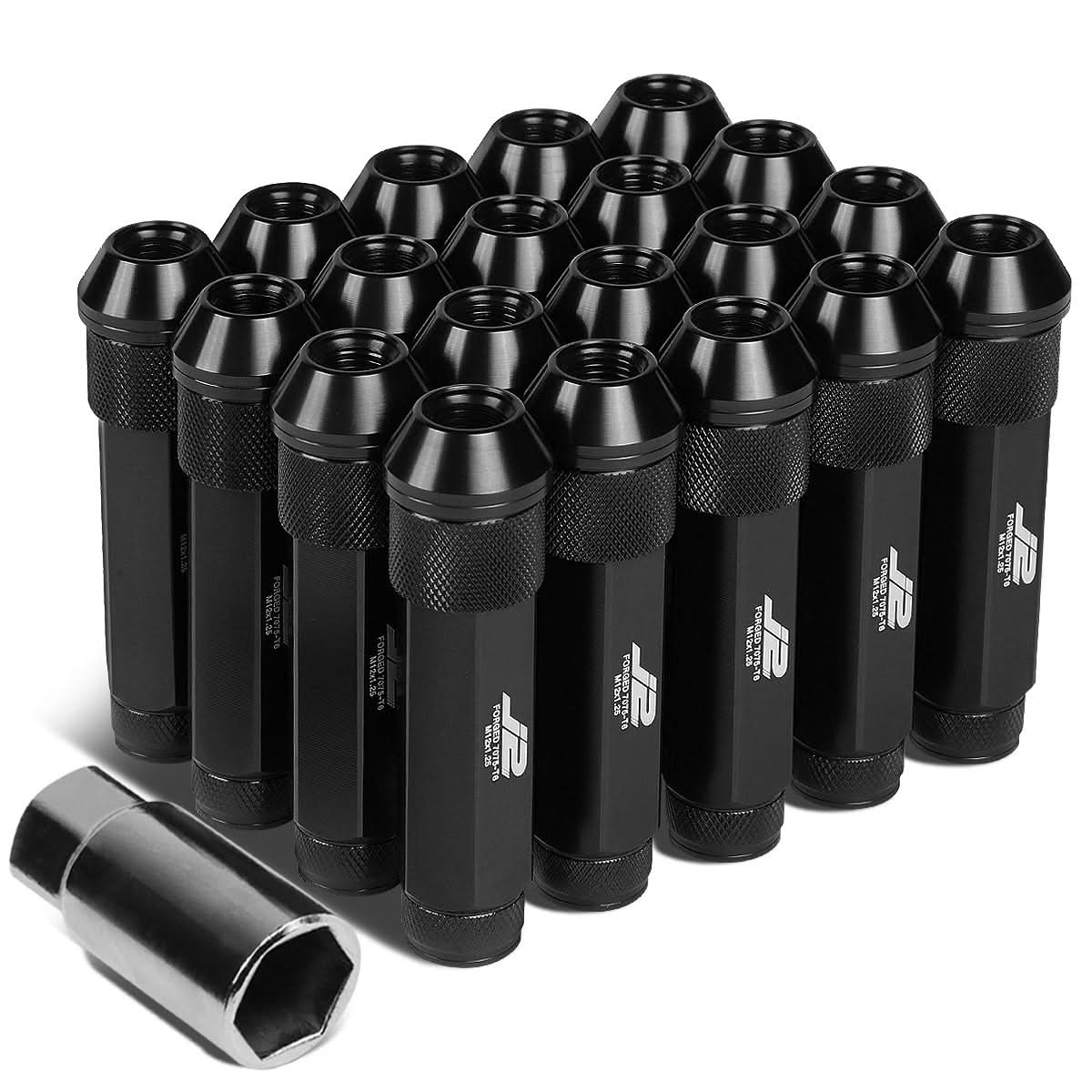 Aluminum Open-End Lug Nuts M12x1.25 90mm 20pcs w/ Adapter Black
