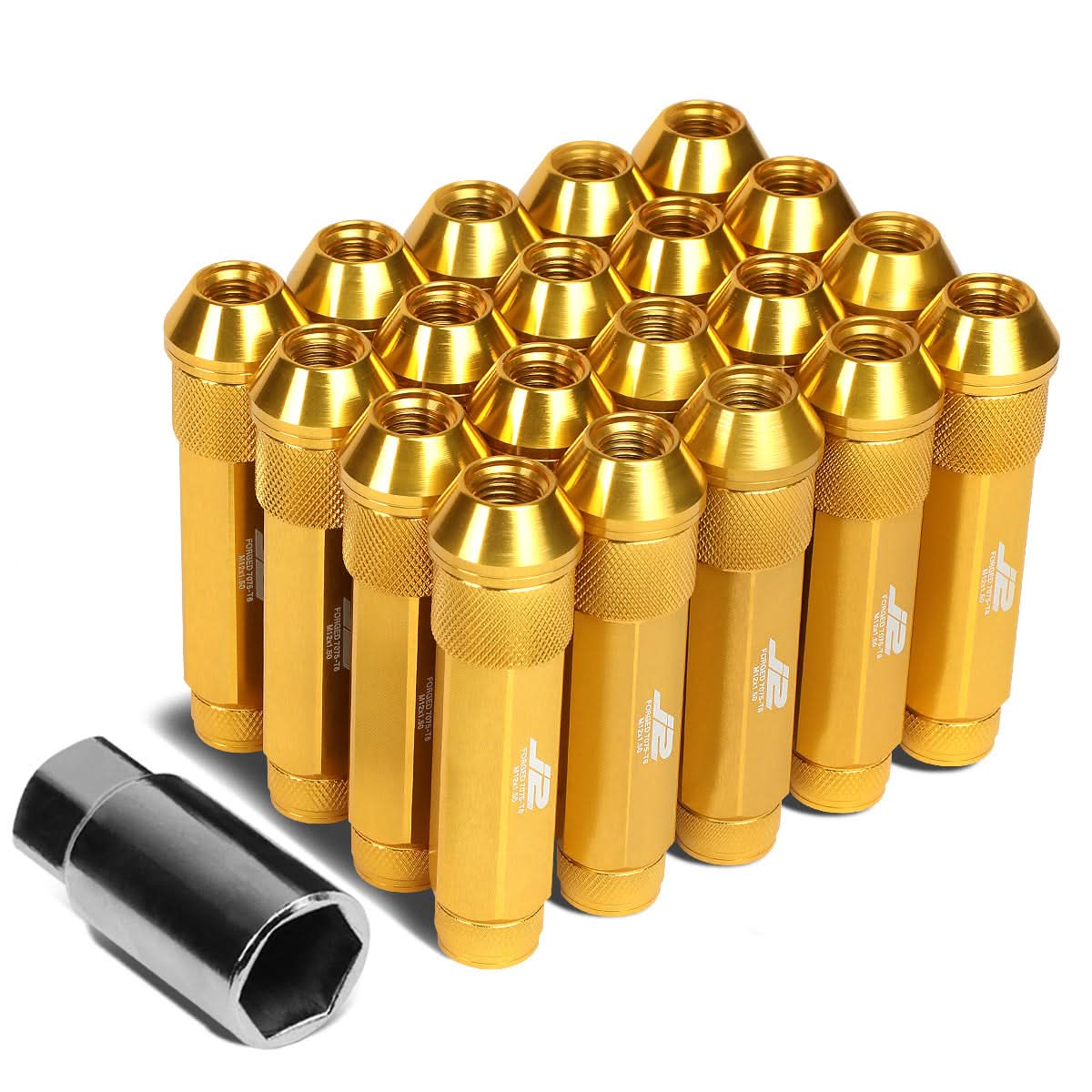 Aluminum Open-End Lug Nuts 90MM M12X1.5 20PCS w/ Adapter Gold