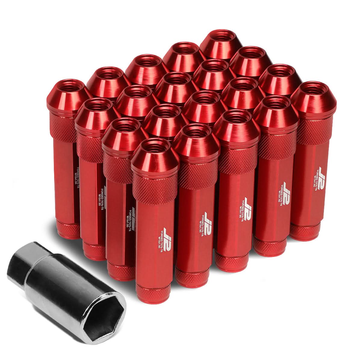 Aluminum Open-End Lug Nuts M12x1.5 90mm Red 20 Piece Set w/ Adapter