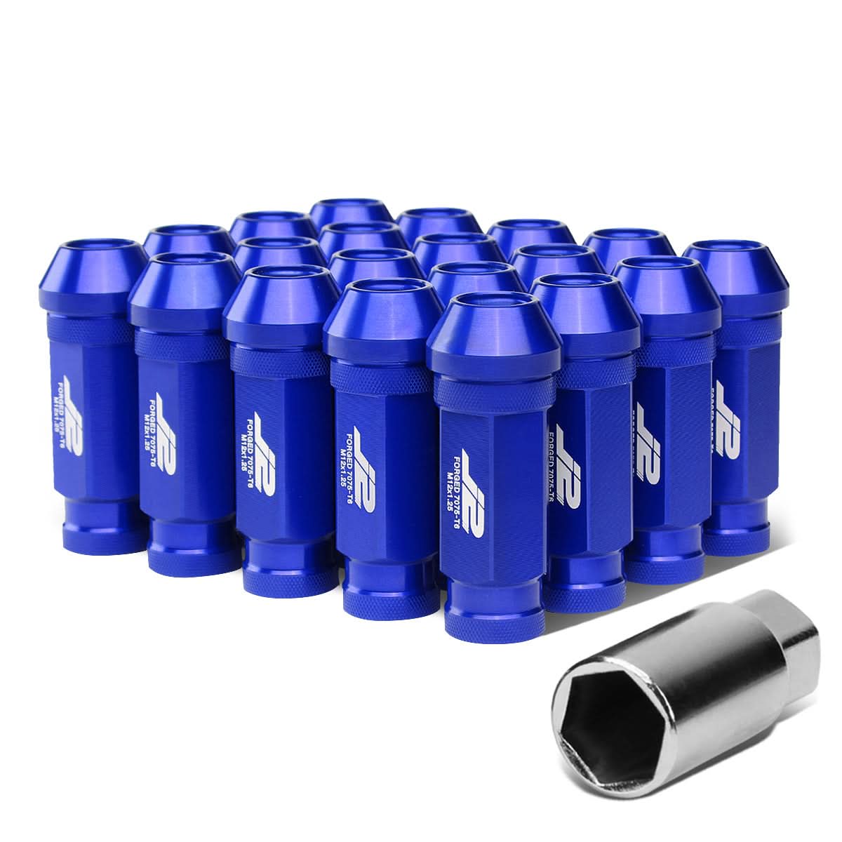 Aluminum Open-End Lug Nuts 60mm M12x1.25 Blue 20pcs w/ Adapter