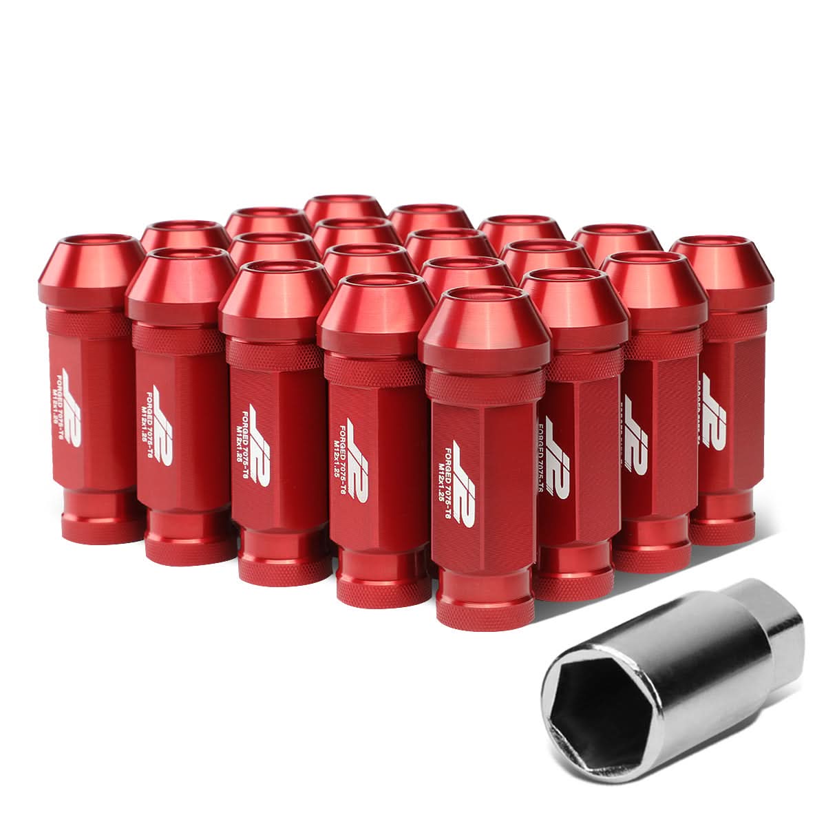 Aluminum Open-End Lug Nuts 60MM M12X1.25 Red 20PCS with Adapter