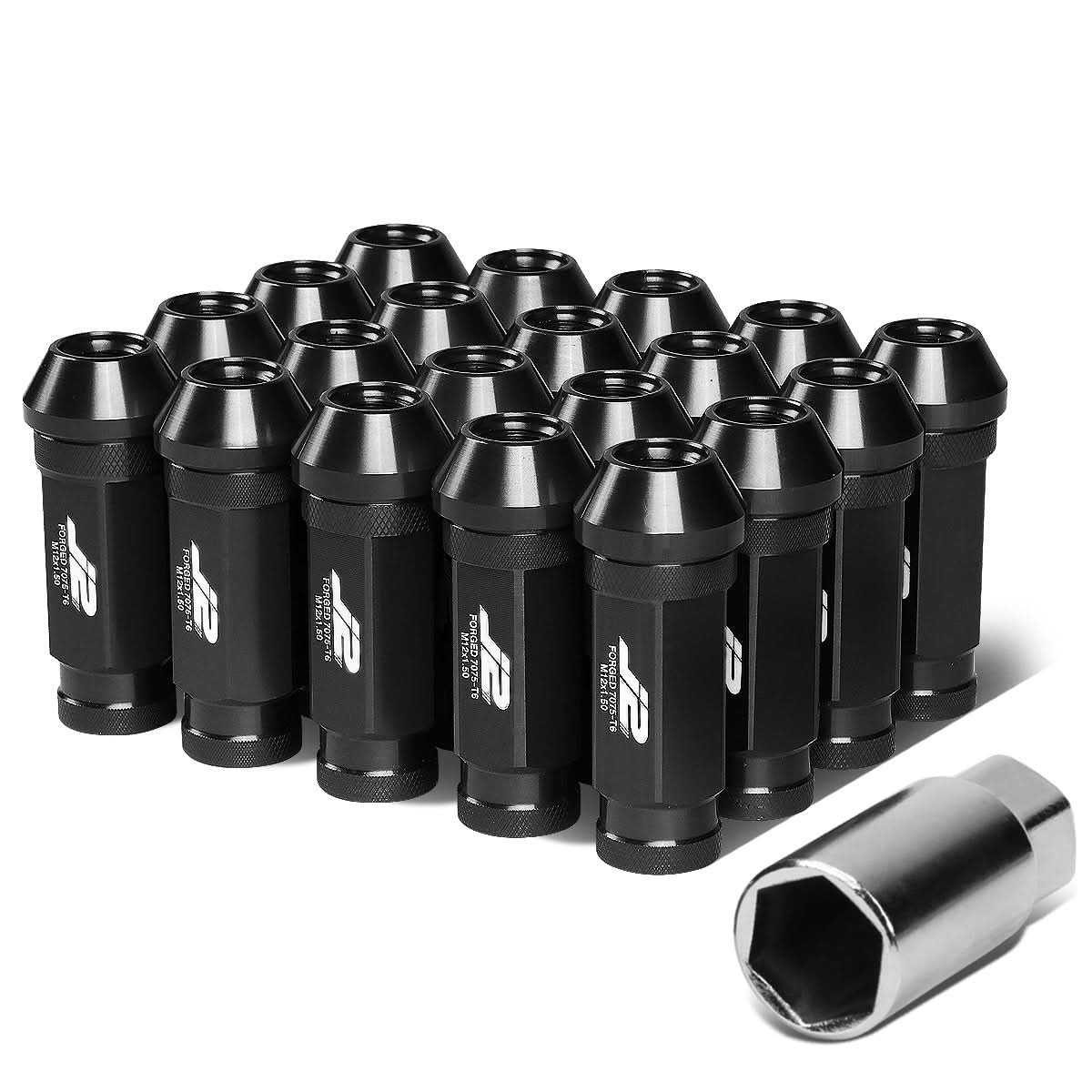 60MM Open-End Aluminum Lug Nuts M12x1.5 20PCS w/ Adapter Black