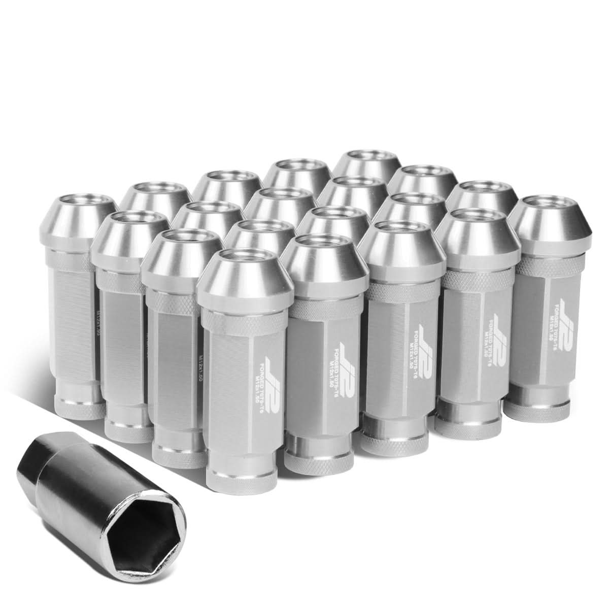 Aluminum Open-End Lug Nuts 60MM M12x1.5 20PCS w/ Adapter Silver