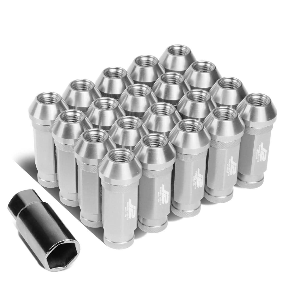 Aluminum Open-End Lug Nuts 60MM M12x1.5 20PCS w/ Adapter Silver