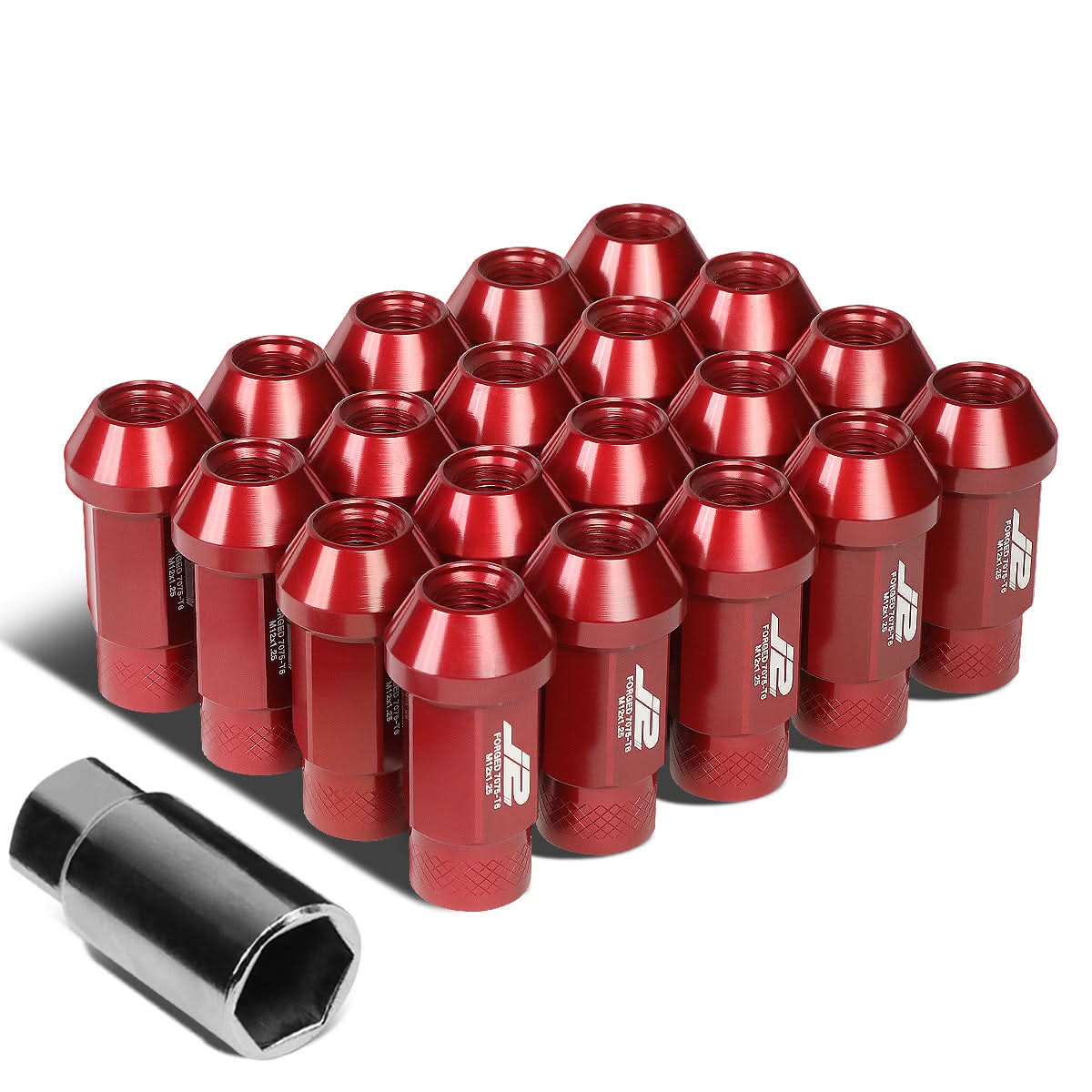 M12x1.25 50mm Open-End Aluminum Lug Nuts 20pc Set w/ Adapter Red