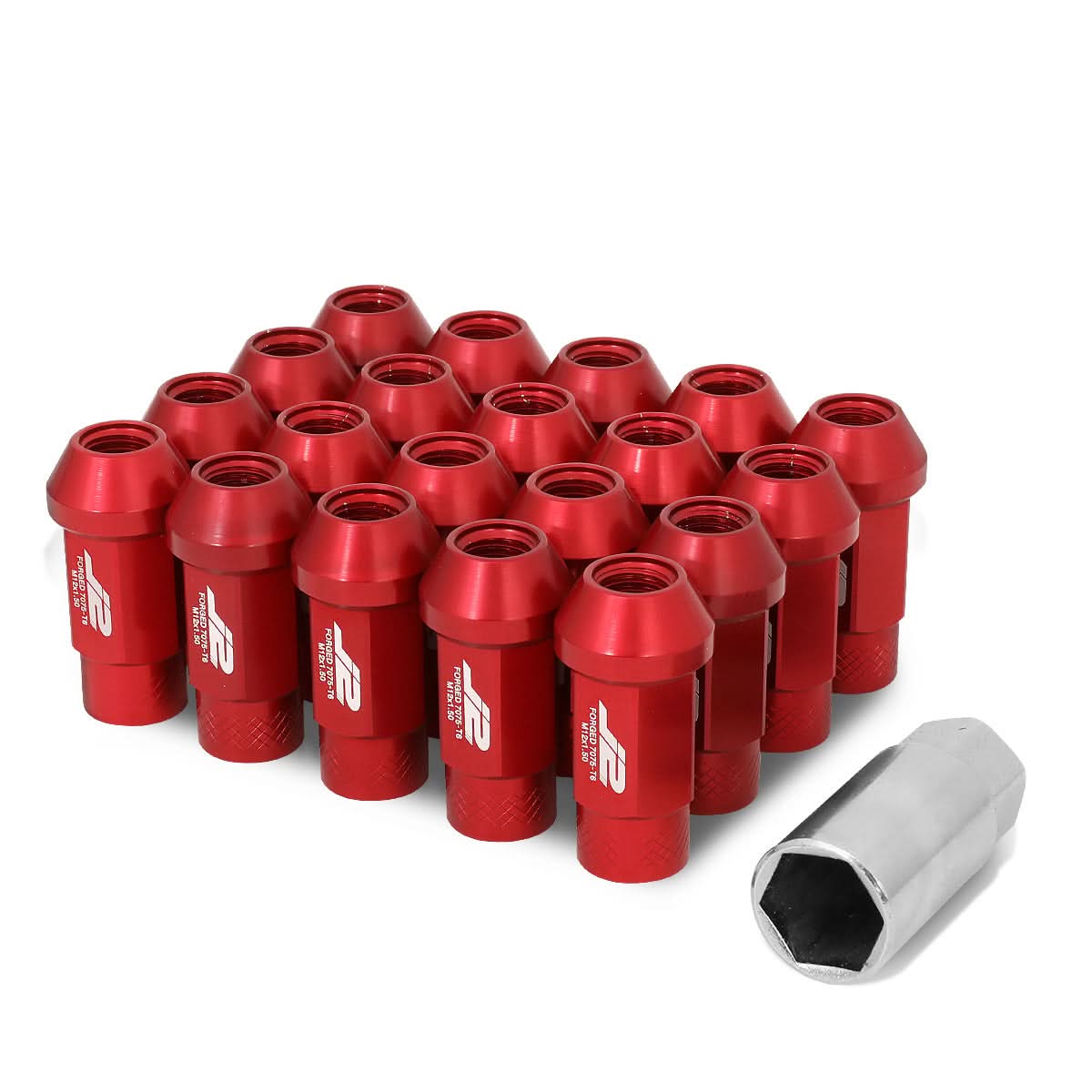 Universal Aluminum Open-End Lug Nuts 50MM M12X1.5 20PCS w/ Adapter Red