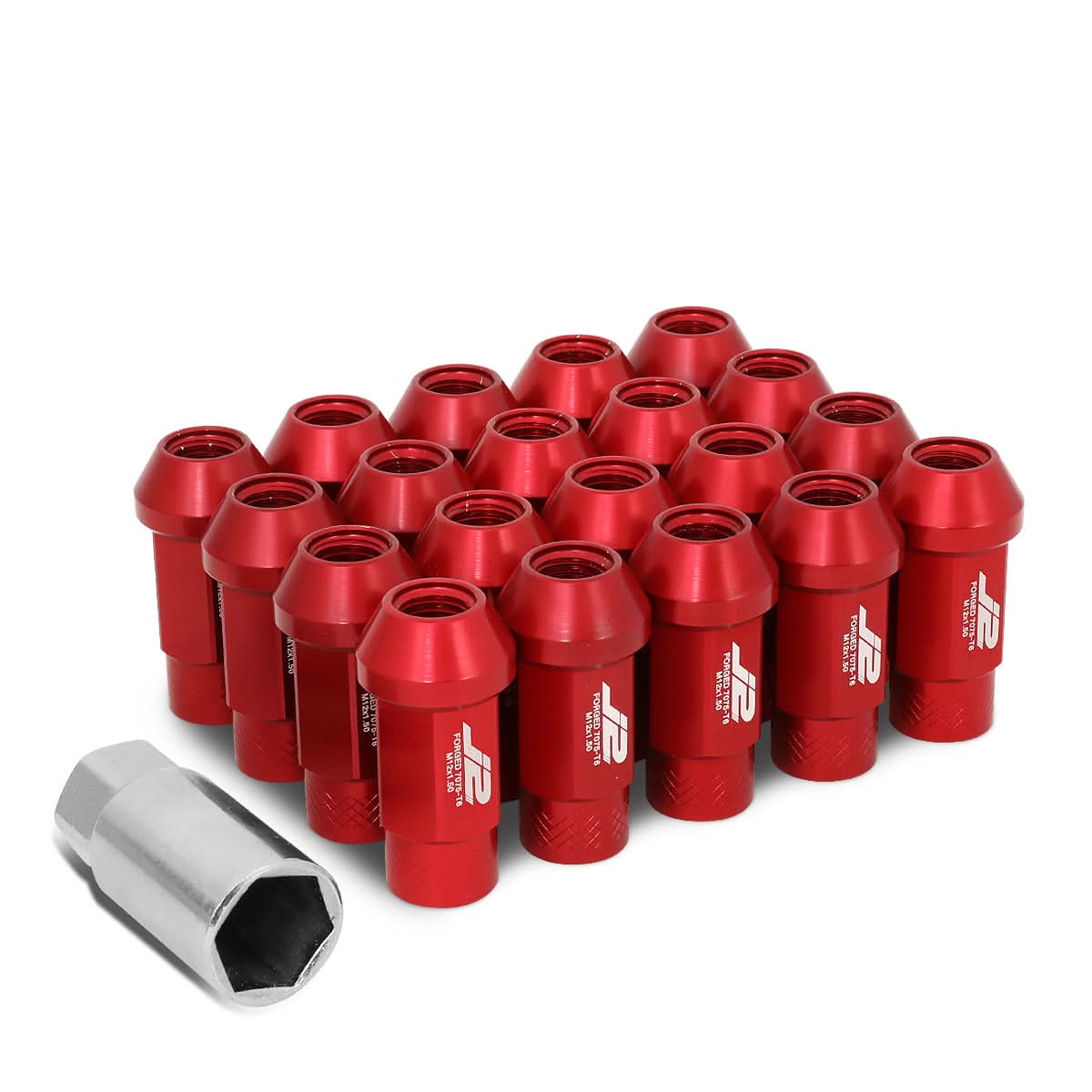 Universal Aluminum Open-End Lug Nuts 50MM M12X1.5 20PCS w/ Adapter Red