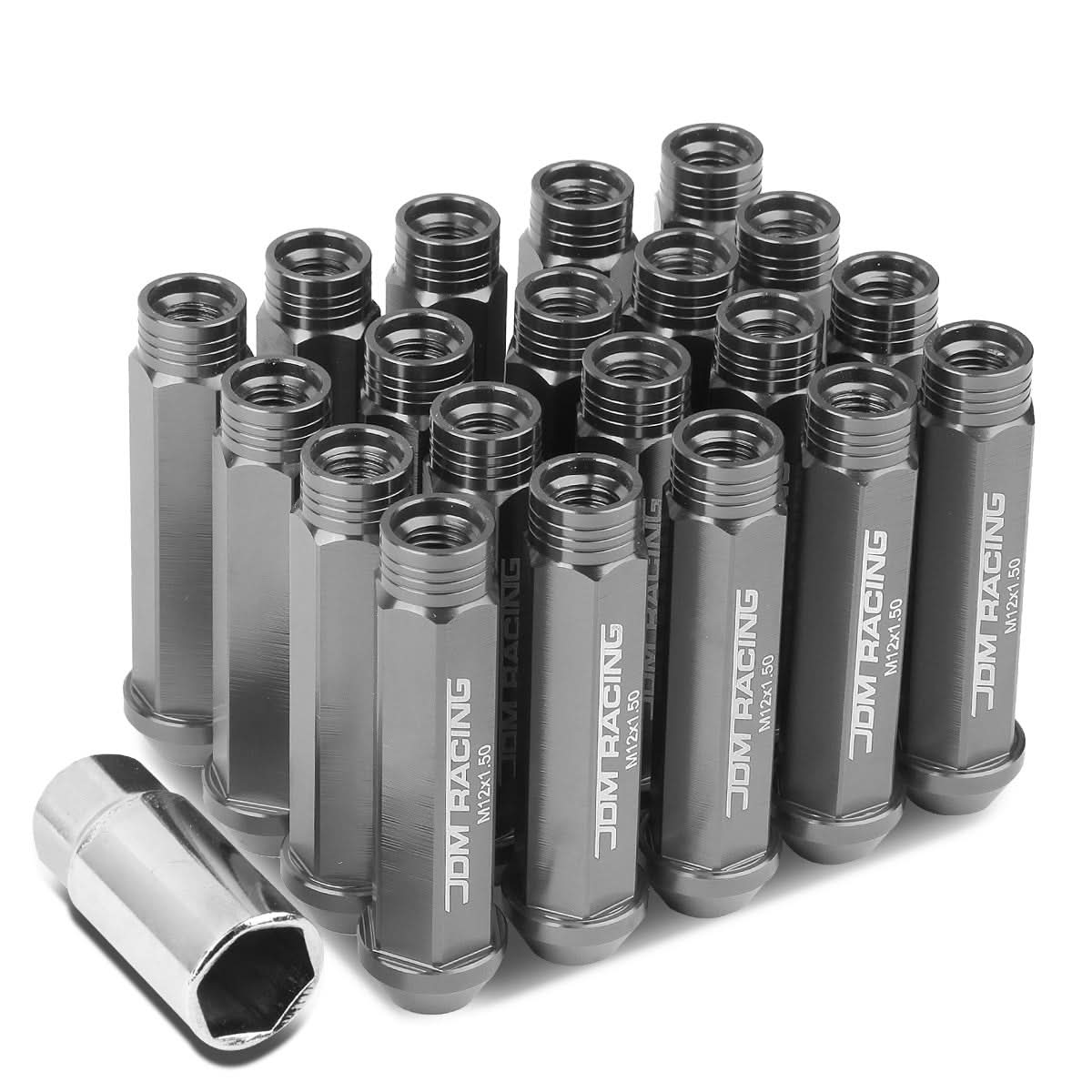 M12 x 1.5 Extended Acorn Lug Nuts 90mm Gun Metal Aluminum 20pc