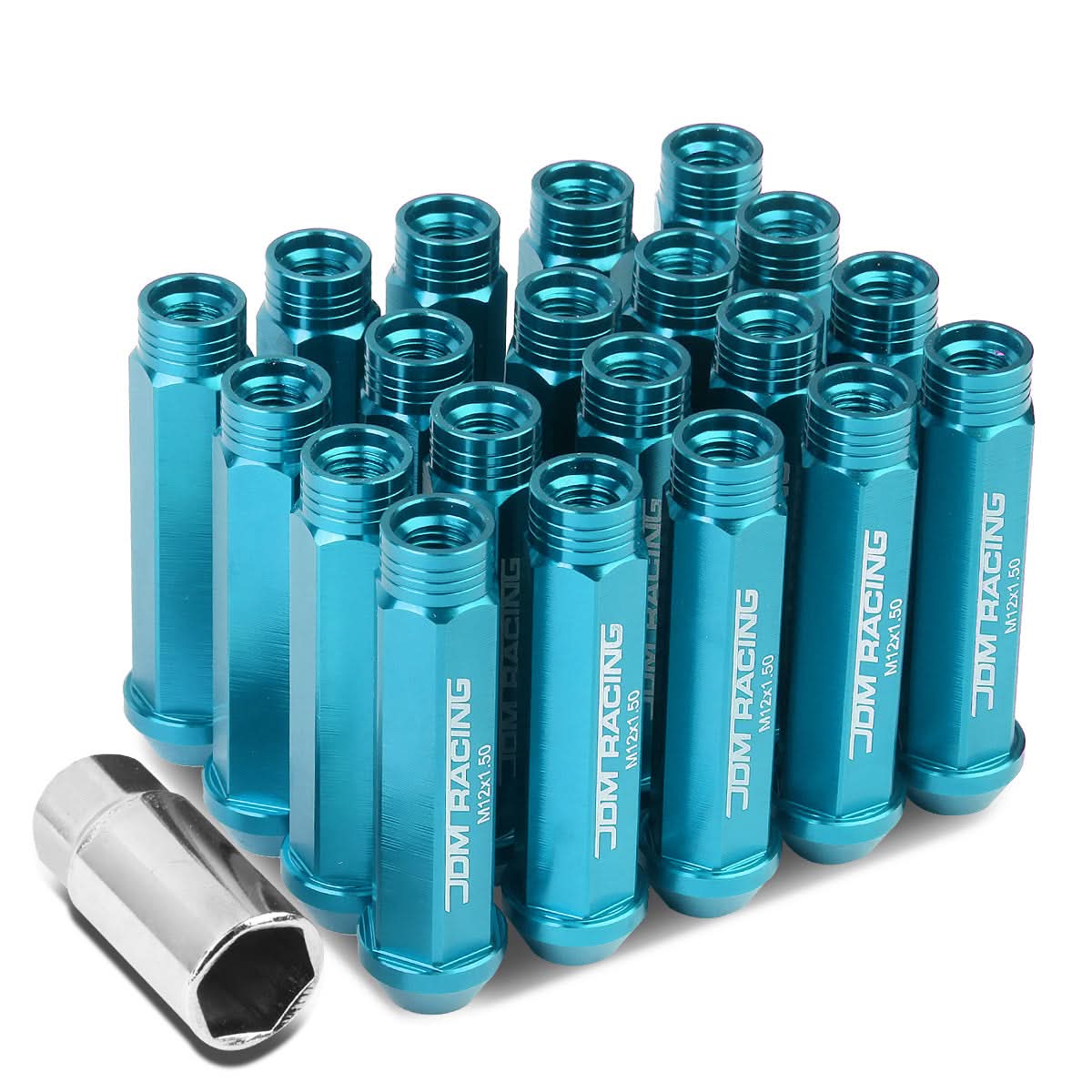 Universal Aluminum M12x1.5 Acorn Lug Nuts Extended Open End Light Blue 20pc