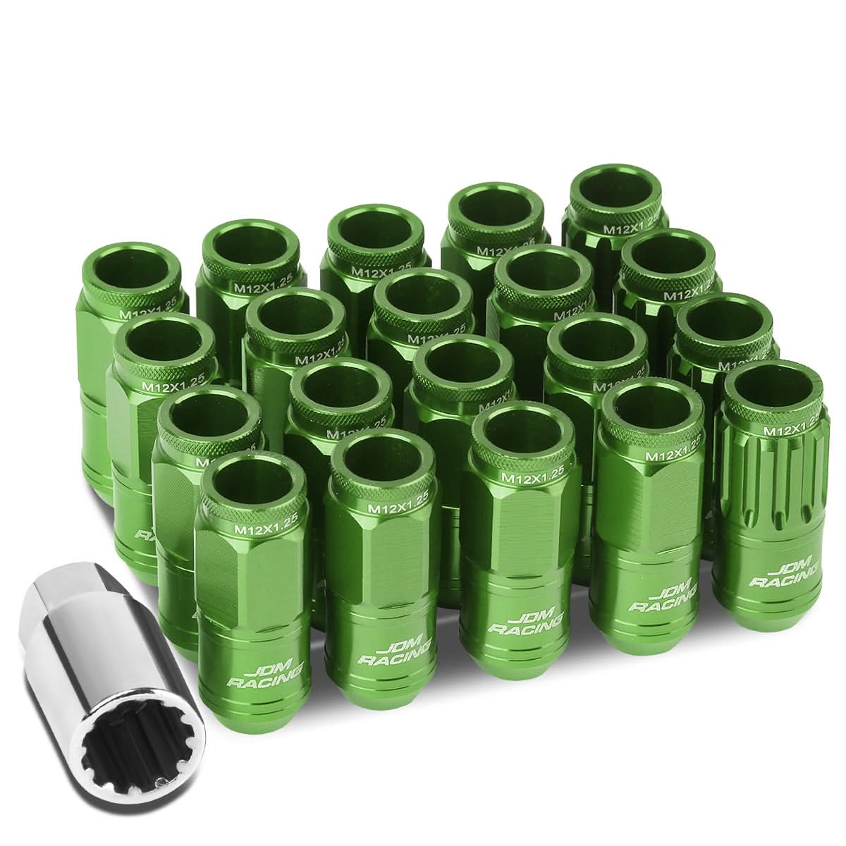 Acorn Style Aluminum Lug Nuts M12 x 1.25 Green 16pcs + 4 Locks