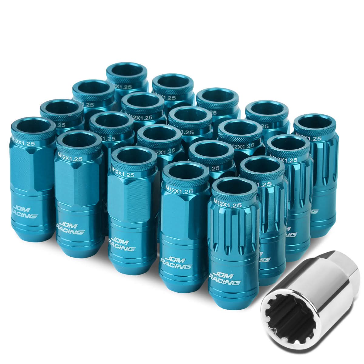 M12 x 1.25 Acorn Style Lug Nuts 50mm Tall Light Blue Aluminum 16pcs