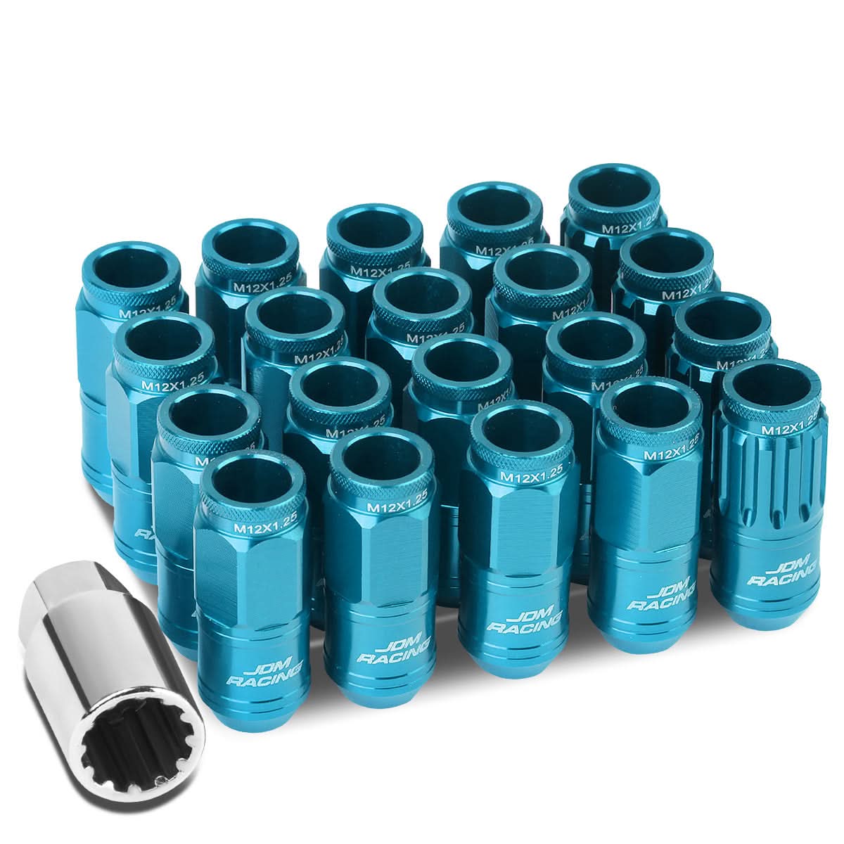 M12 x 1.25 Acorn Style Lug Nuts 50mm Tall Light Blue Aluminum 16pcs
