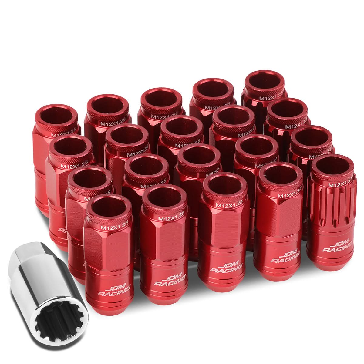 Acorn Style Aluminum Lug Nuts M12x1.25 50mm Red 16pcs + 4 Locks