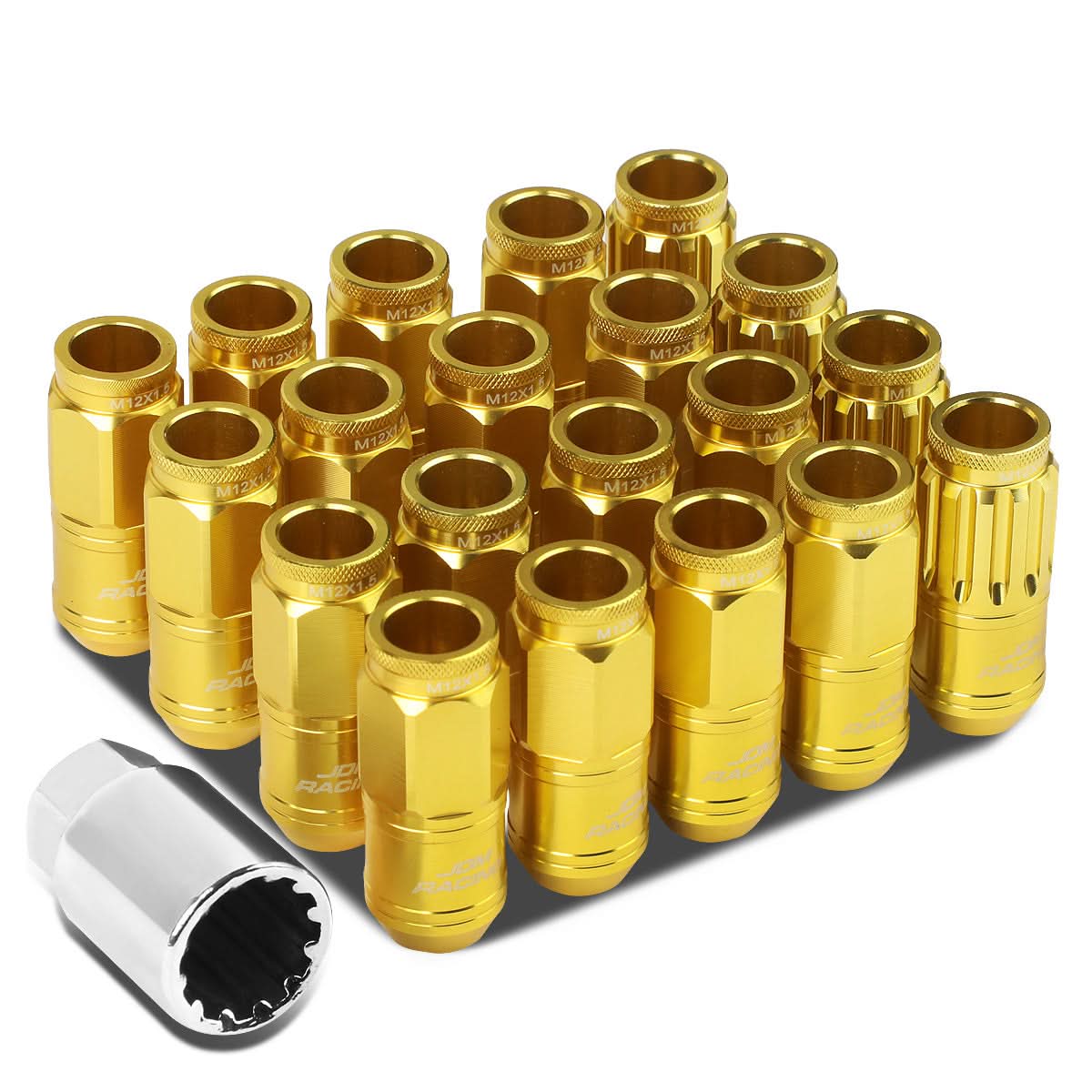 Aluminum Acorn Lug Nuts M12x1.5 50mm 21mm OD 16pcs + 4 Locks Gold