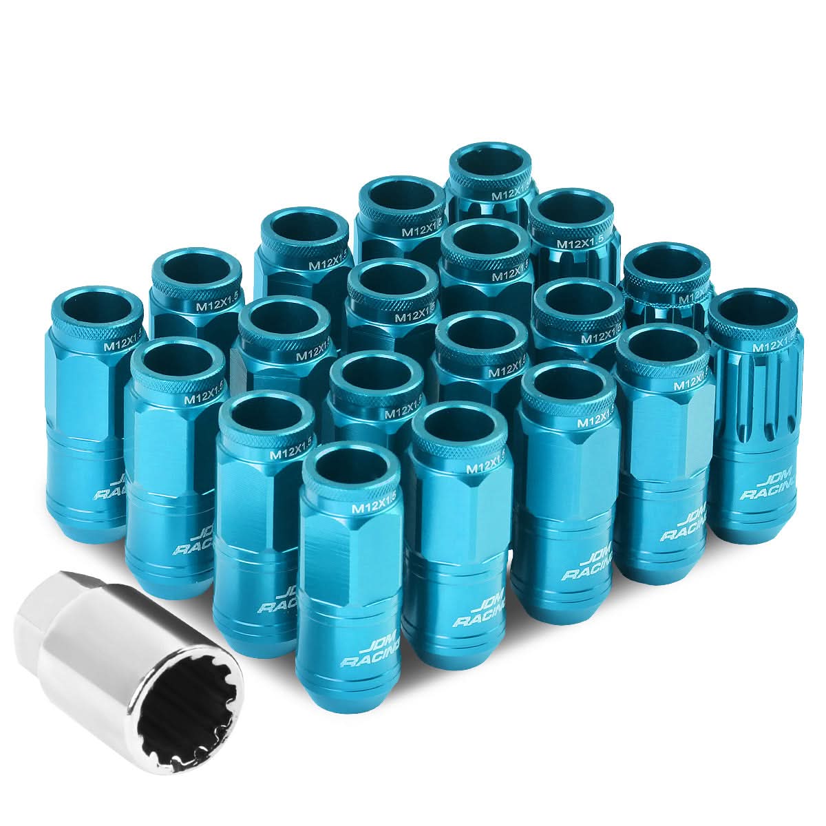 Aluminum Acorn Lug Nuts M12x1.5 50mm Light Blue 16pcs + 4 Locks
