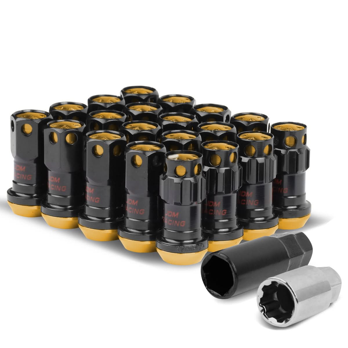 M12 x 1.25 Aluminum Lug Nuts Lock Style 45mm Tall Black/Gold 20pc