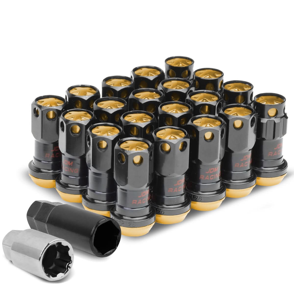 M12 x 1.25 Aluminum Lug Nuts Lock Style 45mm Tall Black/Gold 20pc