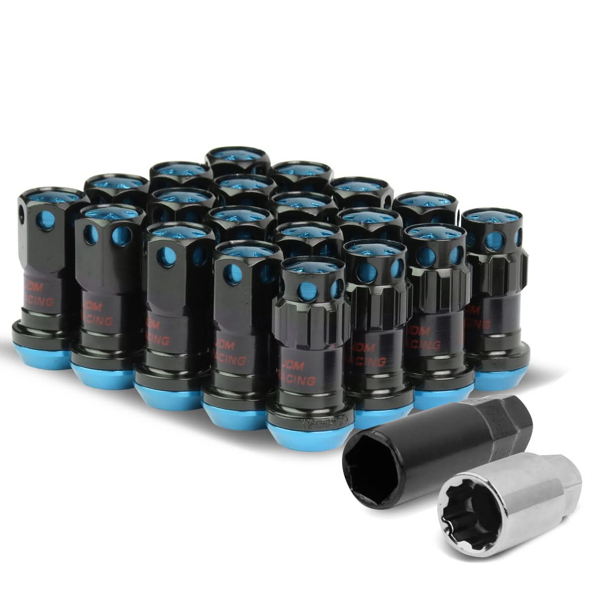 M12 x 1.25 Aluminum Lug Nuts Set - Lock Style 16pc + 4 Locks Black/Blue