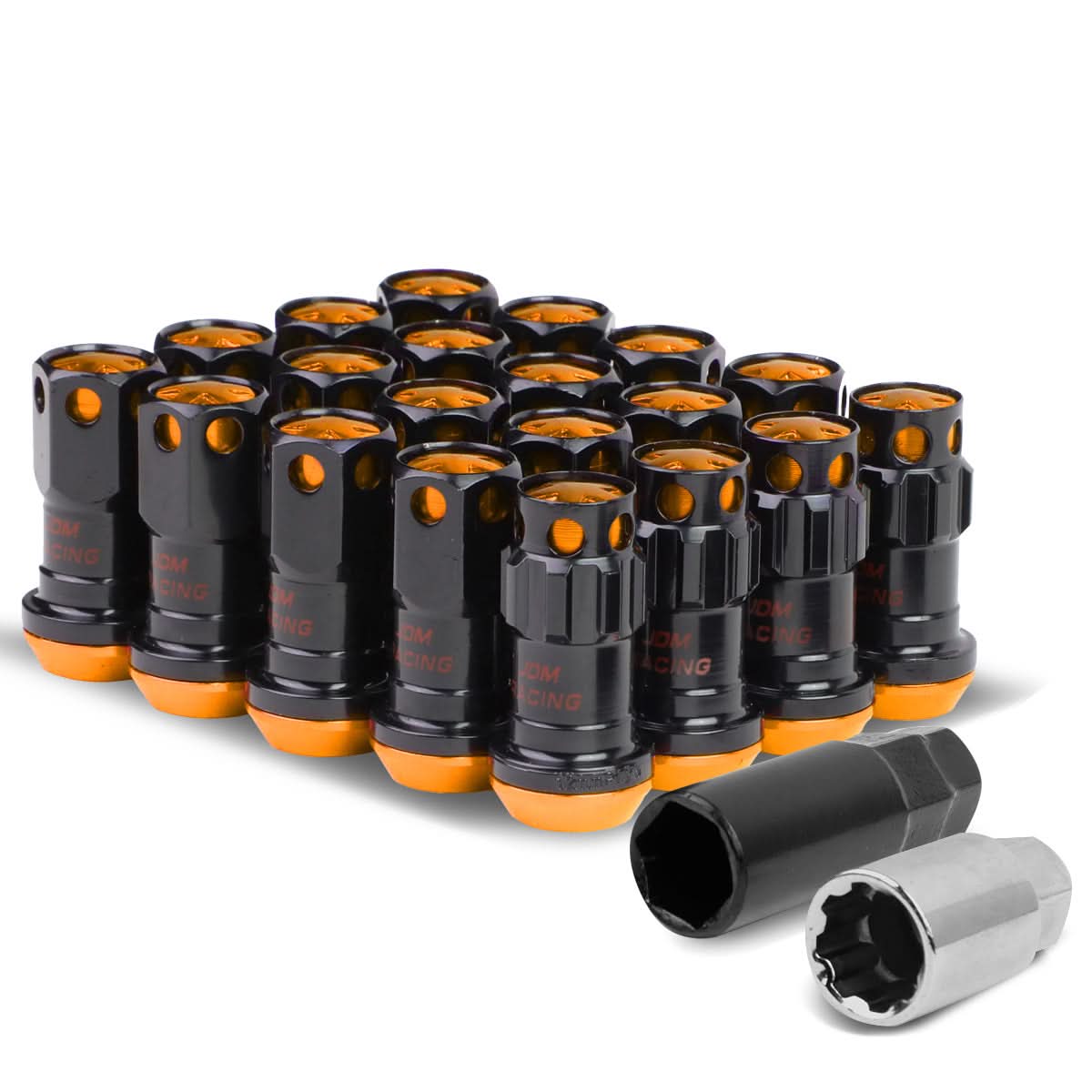M12 x 1.25 Aluminum Lug Nuts 16pc Set with 4 Locks - Black/Orange