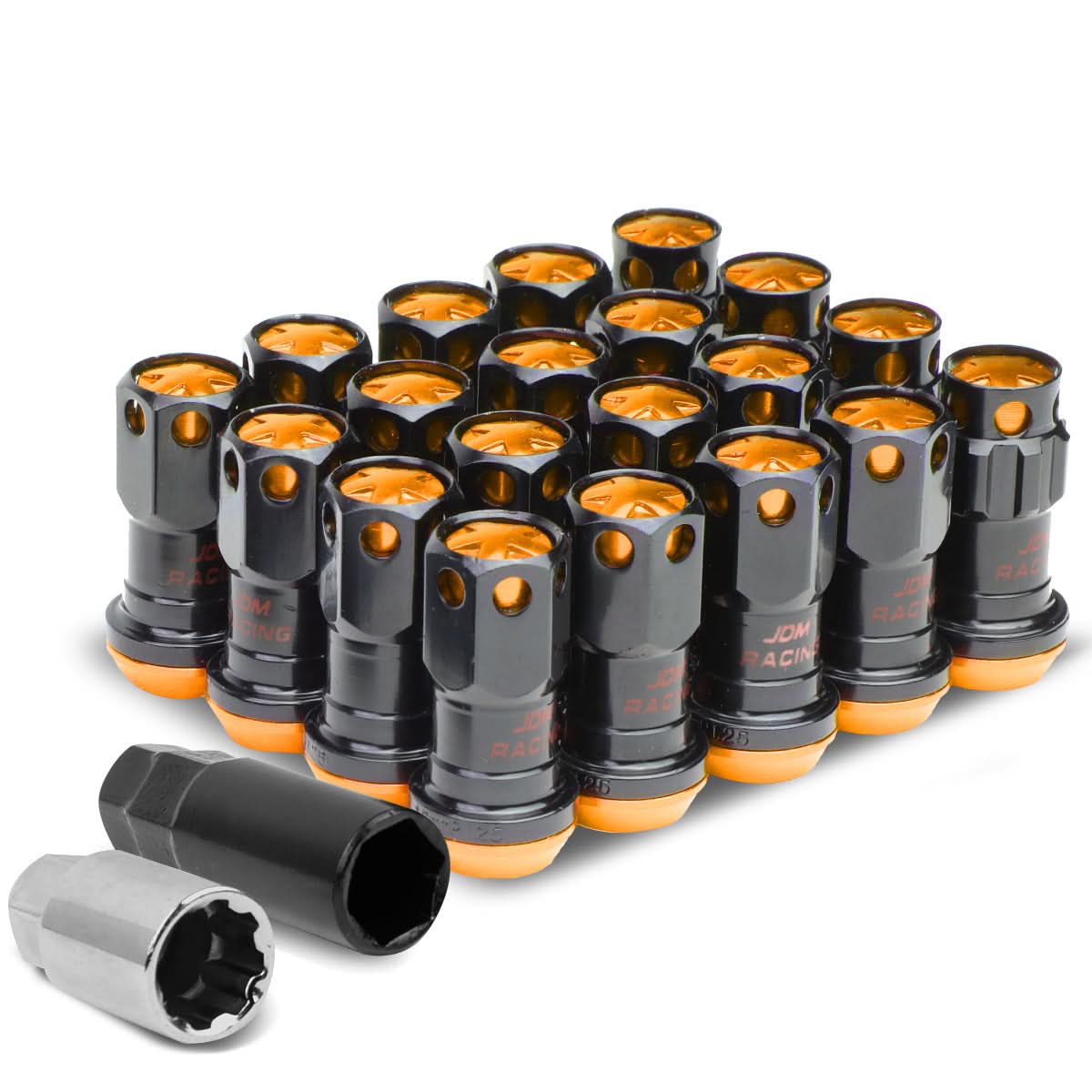 M12 x 1.25 Aluminum Lug Nuts 16pc Set with 4 Locks - Black/Orange