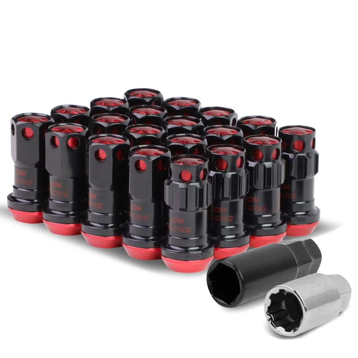 M12 x 1.25 Aluminum Lug Nuts Set - 16 Pcs + 4 Locks with Key Black/Red