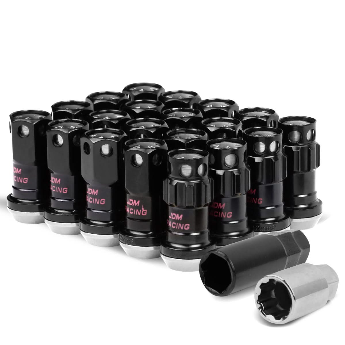 M12 x 1.25 Aluminum Lug Nuts Lock Set 16 Pcs + 4 Locks Black/Silver