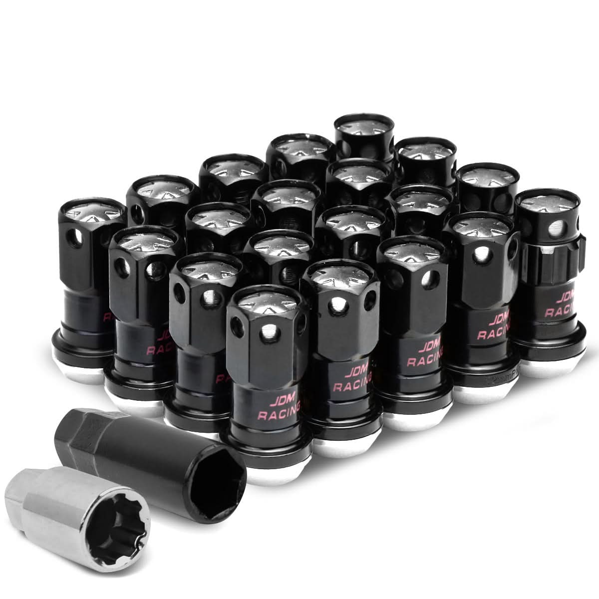 M12 x 1.25 Aluminum Lug Nuts Lock Set 16 Pcs + 4 Locks Black/Silver