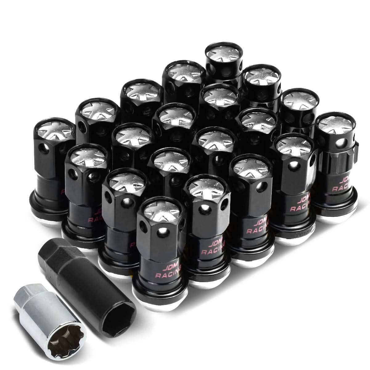 M12 x 1.25 Aluminum Lug Nuts Lock Set 16 Pcs + 4 Locks Black/Silver