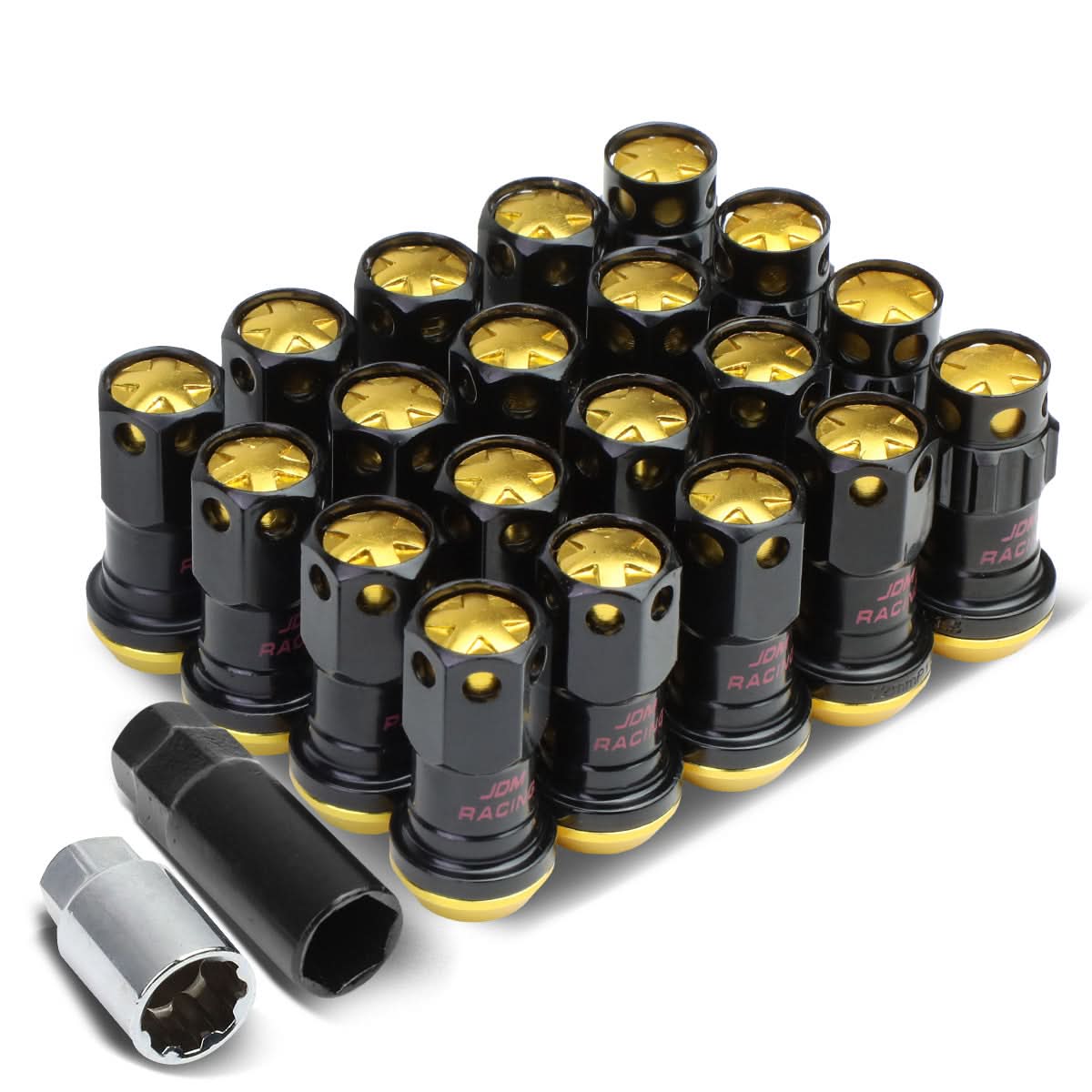 Aluminum Lug Nuts M12x1.5 Lock Style 20pc Set Black/Gold