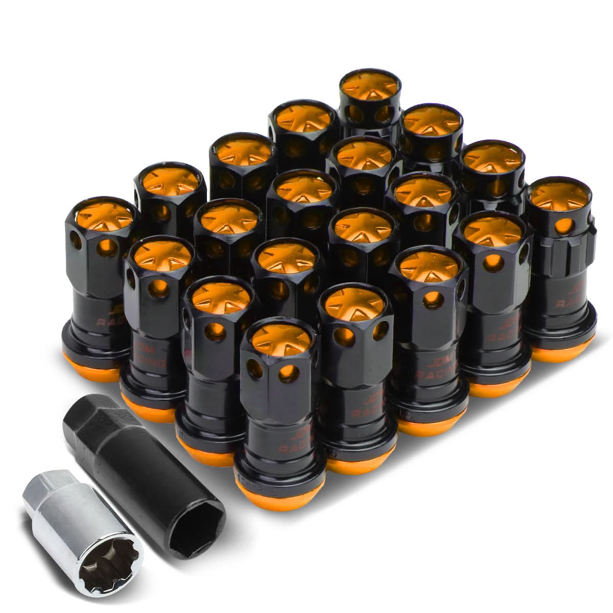 M12 x 1.5 Aluminum Lug Nuts Set 16 Pcs + 4 Locks Black/Orange