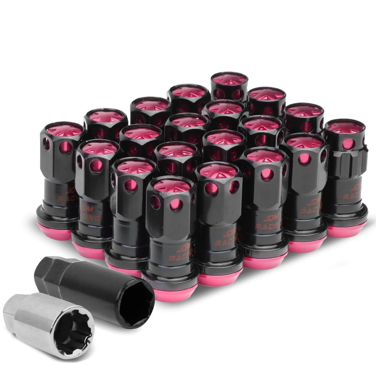 M12 x 1.5 Aluminum Lug Nuts Lock Style 16pc Set Black Pink